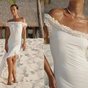 Meshki Arielle Off Shoulder Ruffle Midi Dress - Ivory Size S Small